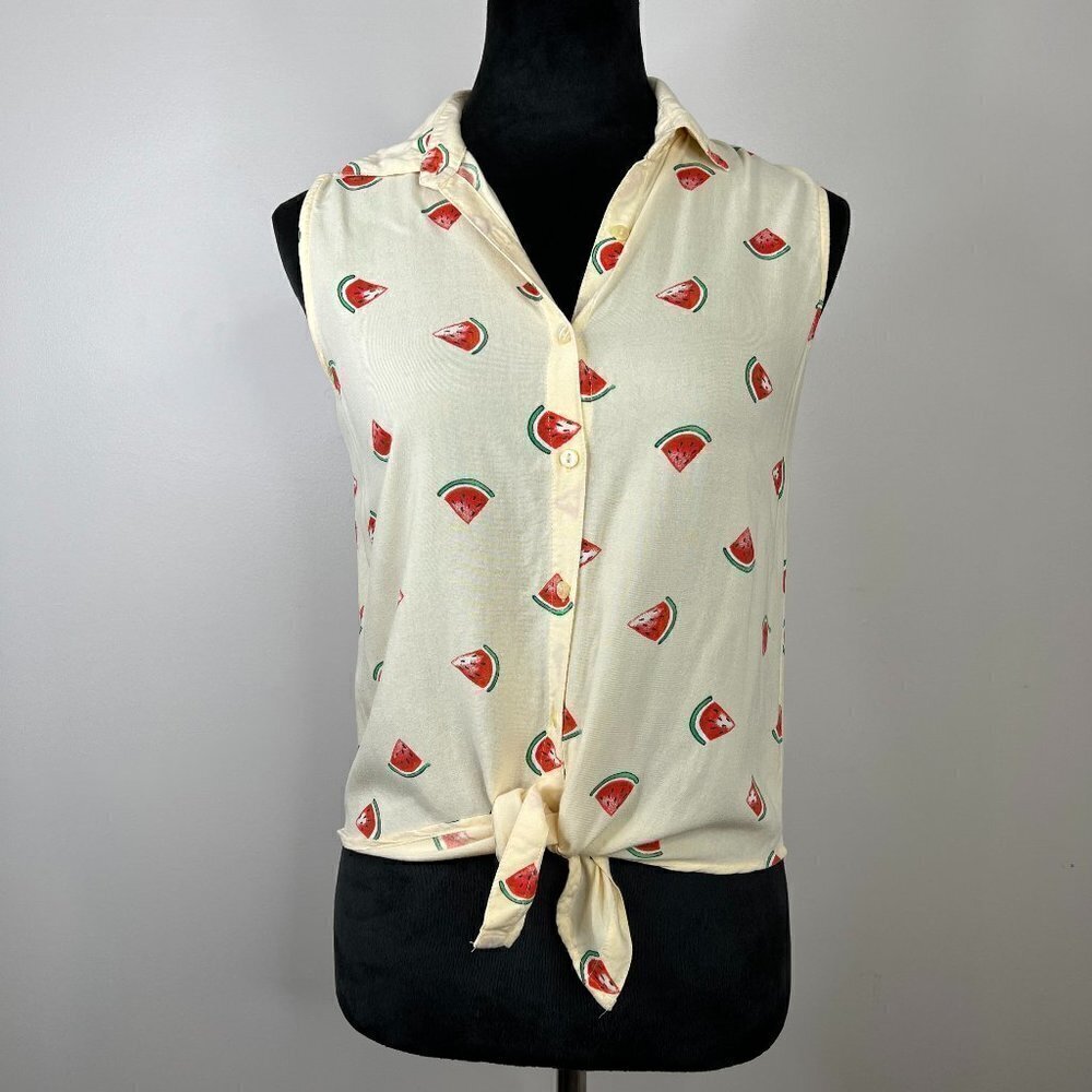 Japna Novelty Watermelon Printed Tie Front Collared Tank Sz Small